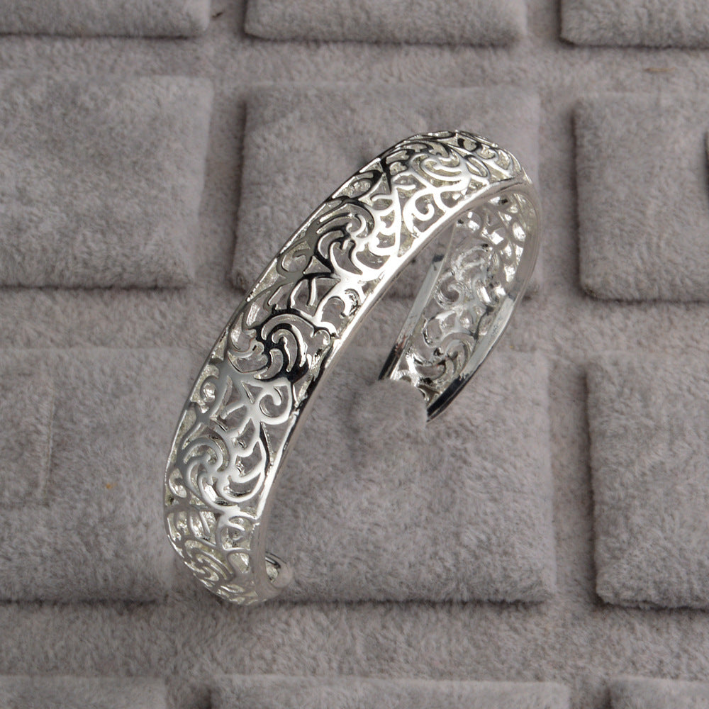 925 Silver Hollow Pattern  Cuff Bracelet&Bangle For Woman Wedding Party Silver Jewelry